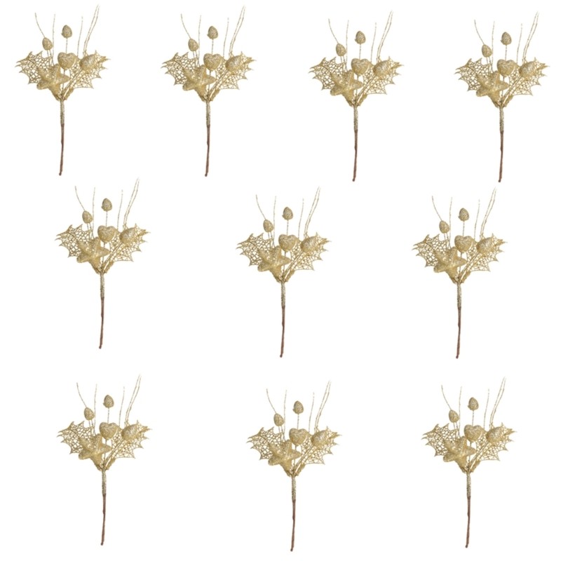 Set of 10 Gold Berries Twigs Picks for Festival Tree and Home Holiday Decoration