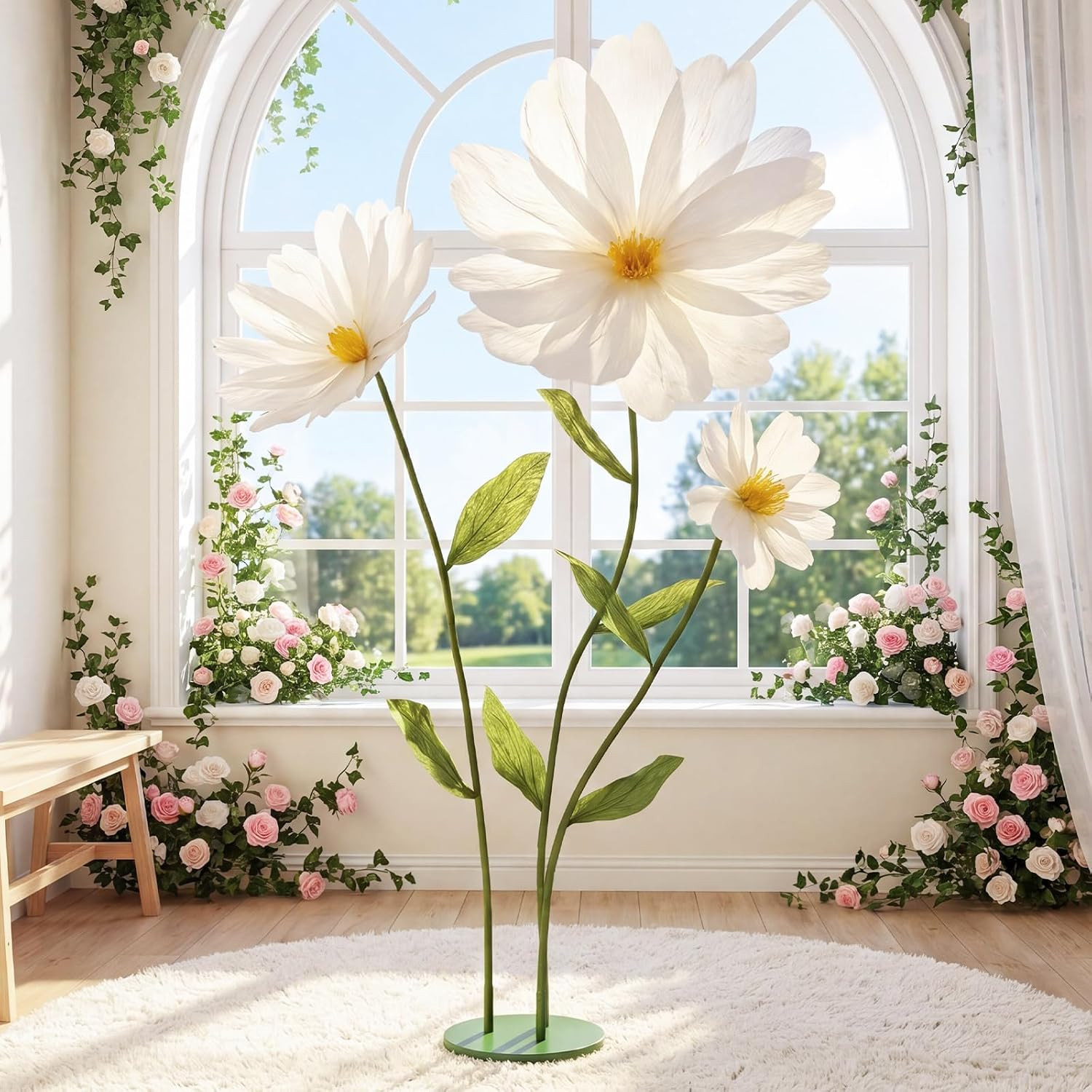 6Ft White Giant Flowers for Decoration with Stand, Large Artificial Silk Daisy,