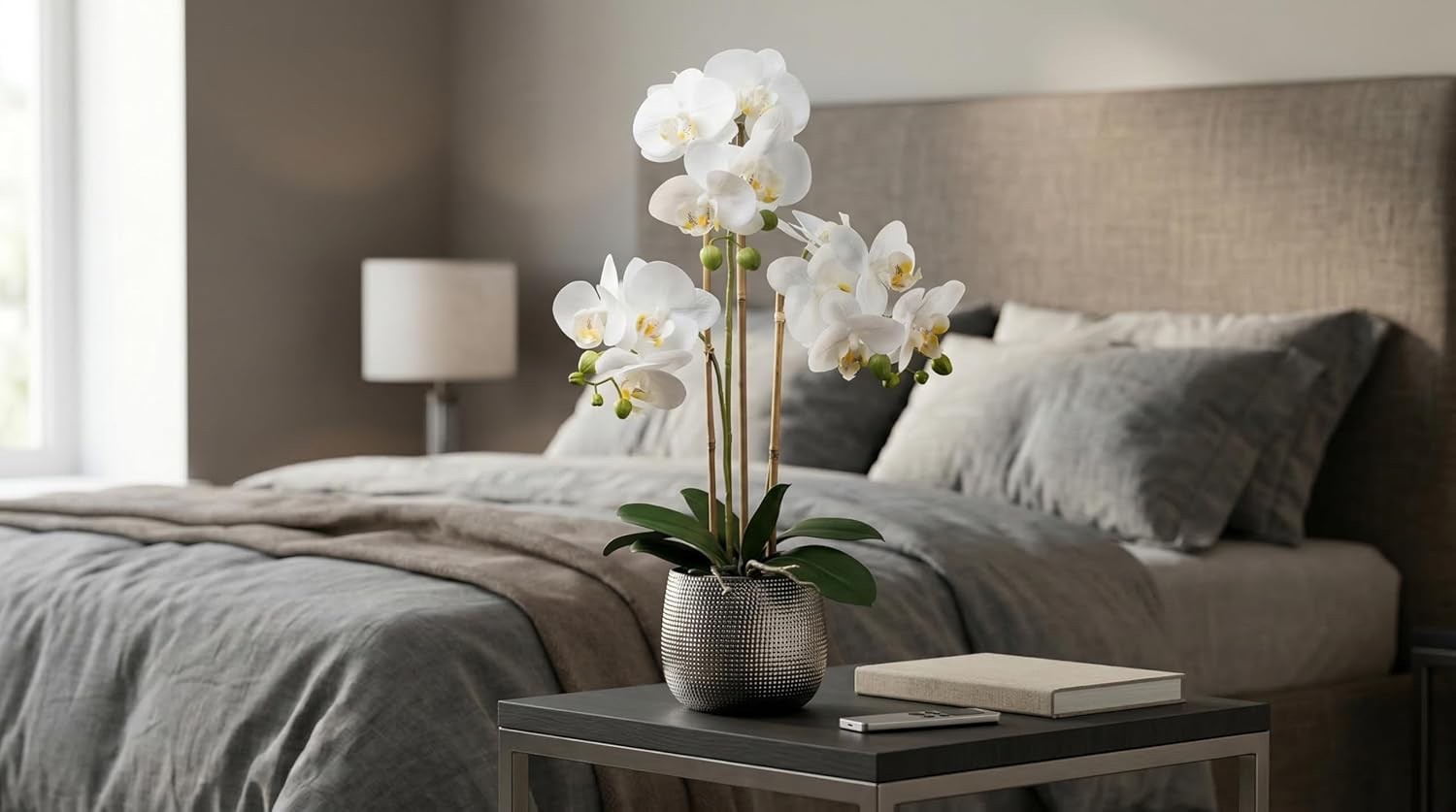 Artificial Flower Arrangement White Phalaenopsis Orchid in Silver Ceramic Vase
