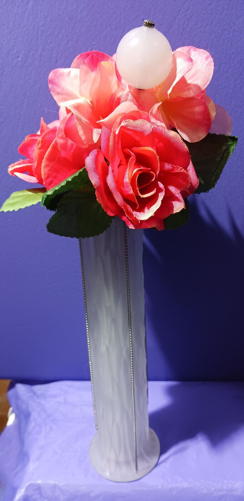 Artificial Flower Arrangement White Glass Vase W/ Silver Chain Valentines Day