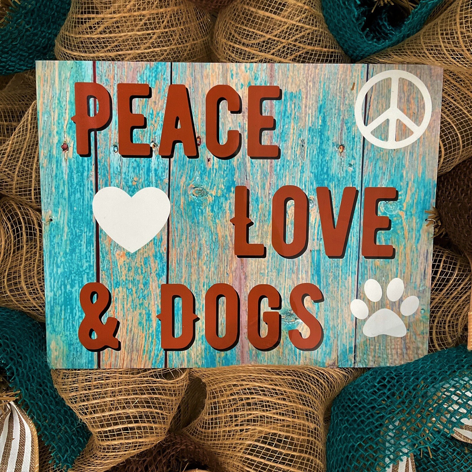 Peace Love And Dogs All Occasion Door Wreath Handmade Deco Mesh