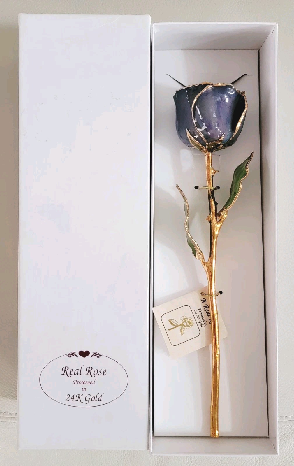 24K GOLD Trimmed 11″ REAL ROSE *LACQUER & GOLD Dipped *DEC BirthStone -TANZANITE
