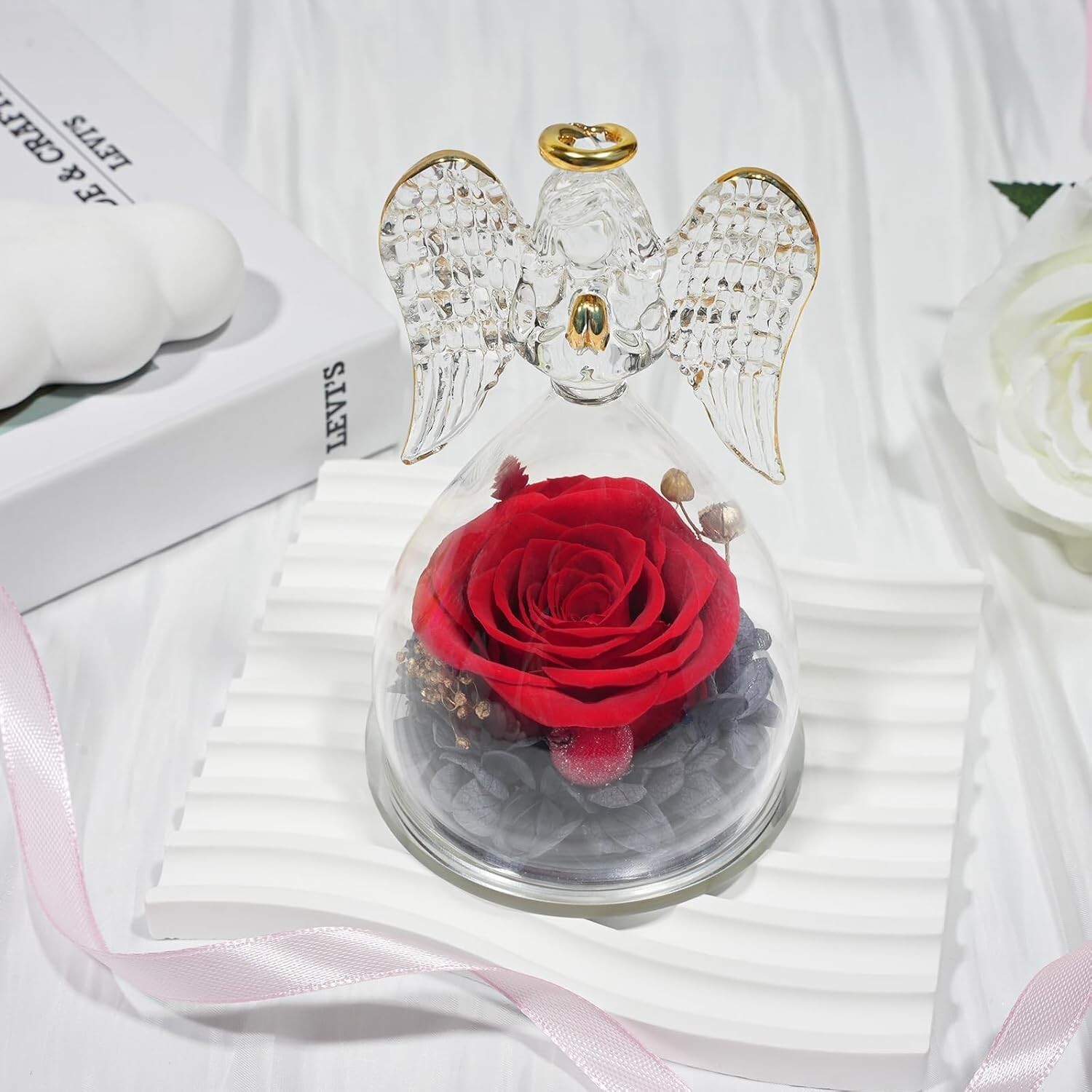 Flower Rose Birthday Gifts for Mom Glass Angels Figurines Forever Real Flowers