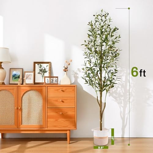 Artificial Olive Tree Tall Faux Olive Trees with Planter & Basket, 6FT Green