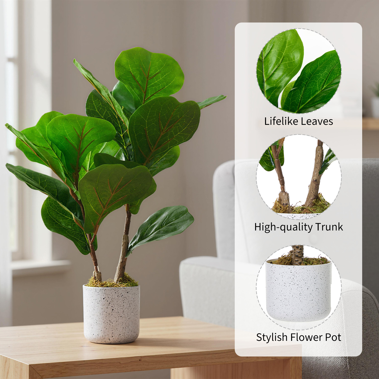 2Pack 15.7 In Artificial Plants Fake Fiddle Leaf Fig Lifelike Green Potted Plant