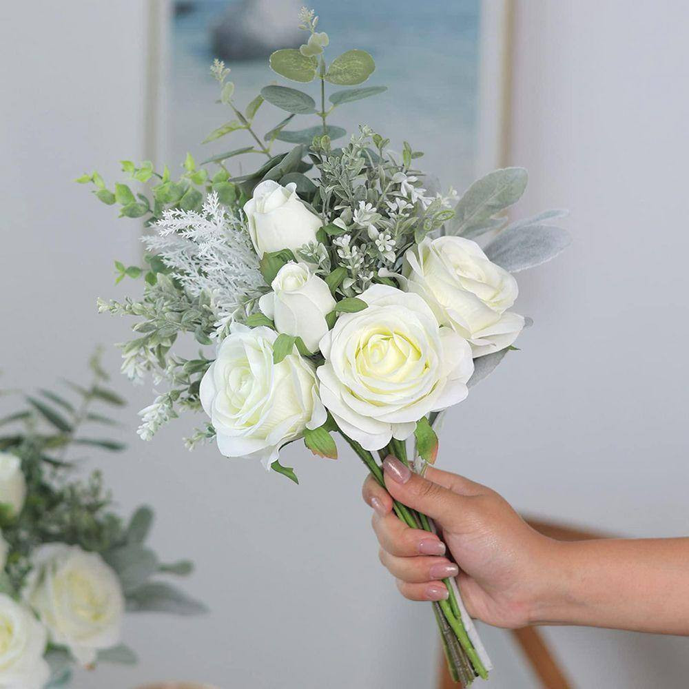 Faux Flowers with Vase 14.5 In. White Artificial Silk Roses Eucalyptus Flower Ar