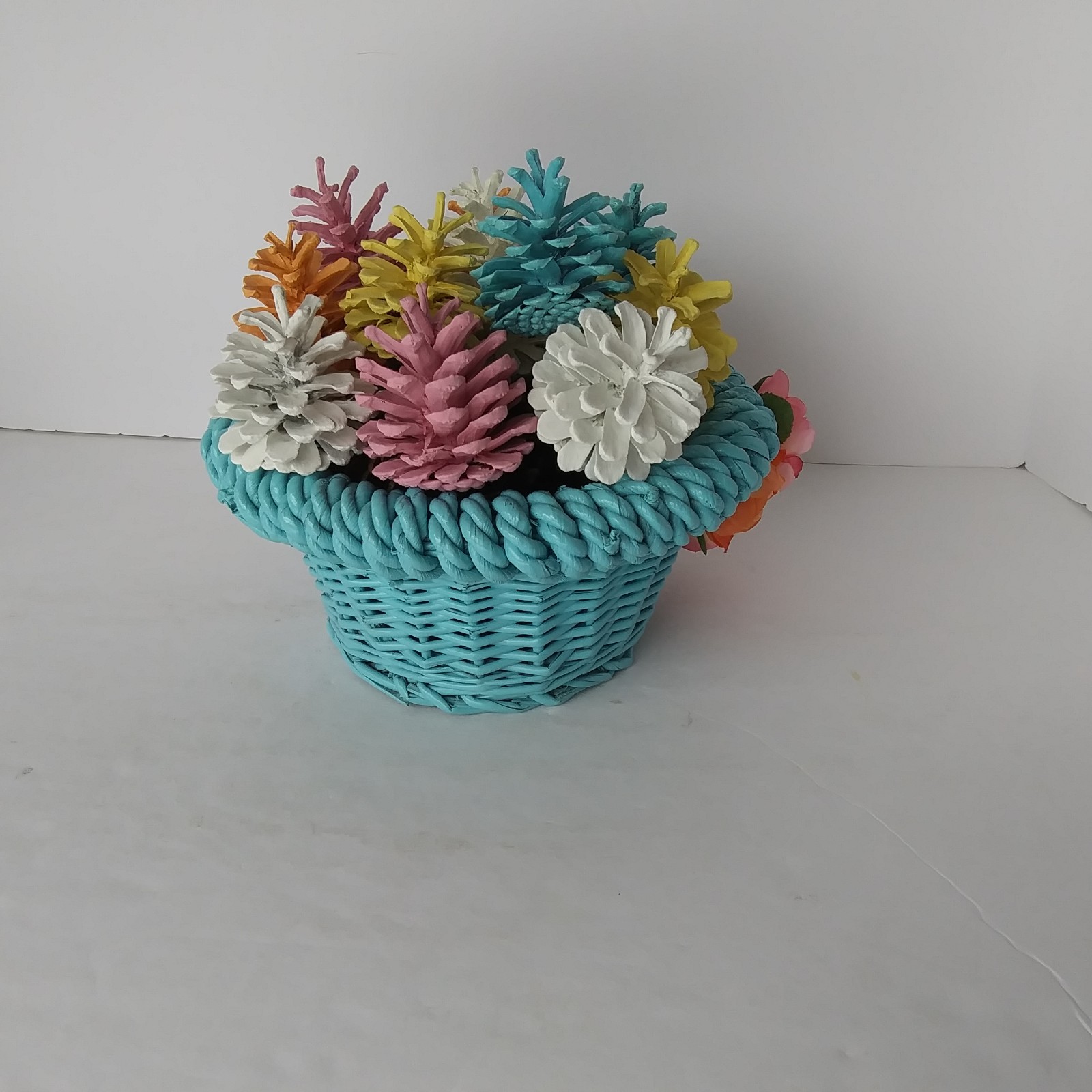 Colorful Pinecone Floral Basket Arrangement Teal Woven Pot Spring Decor Reversib