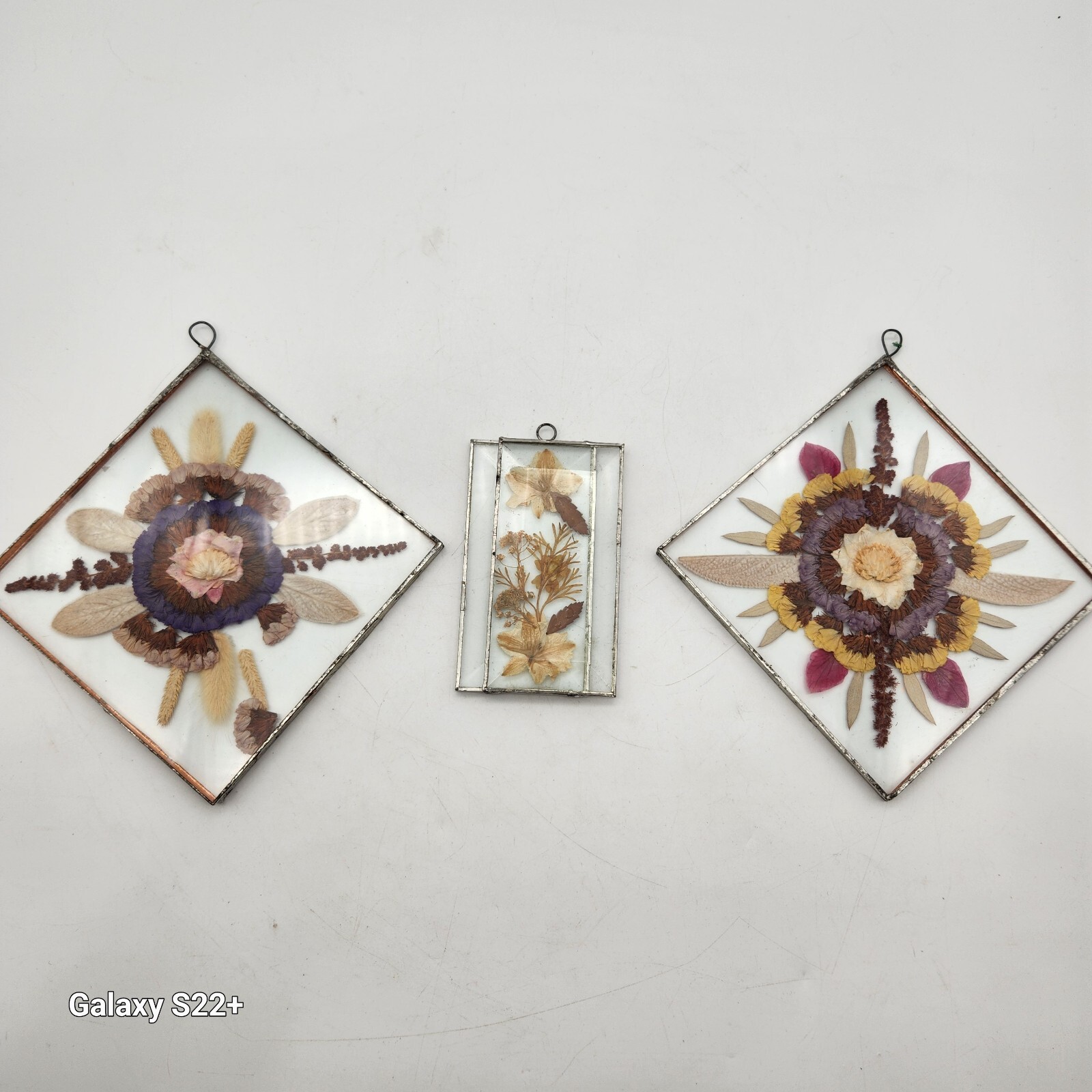 Terrarium Faux Dried Flowers Set Of 3 Beveled Glass Silver Copper Vintage 70s