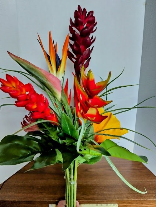 Artificial tropical floral vase arrangement