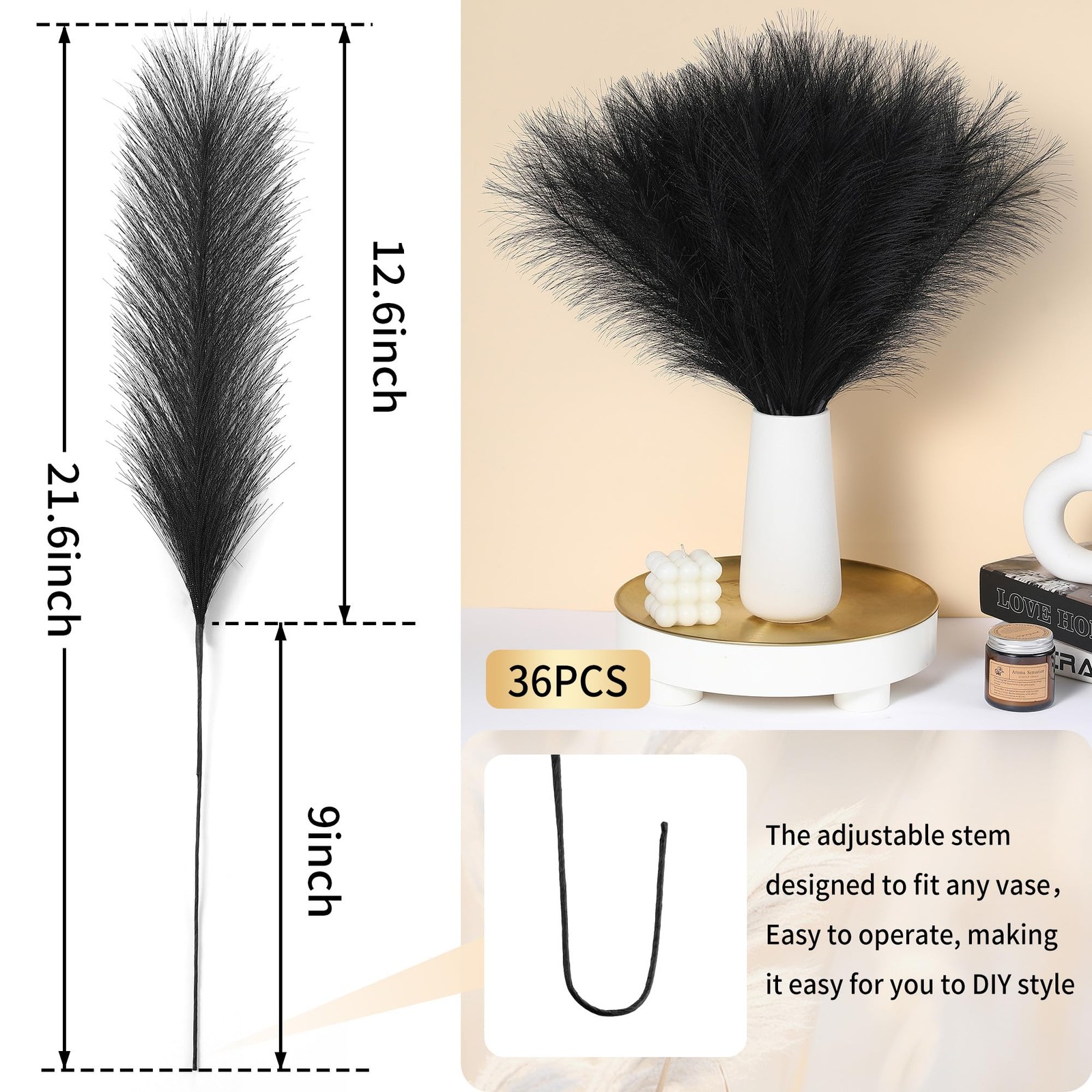 36 PCS Black Pampas Grass 21.6 Inch Faux Artificial Fluffy Flowers Decor