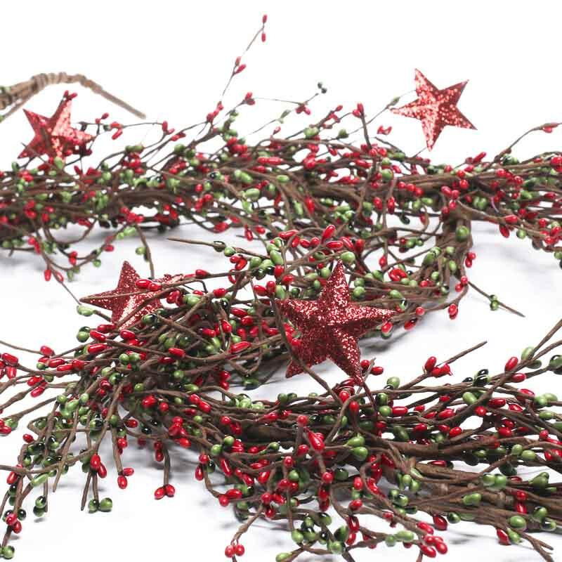 Hand Wrapped Decorative Glittered Star and Pip Berry 48″ Long Garland