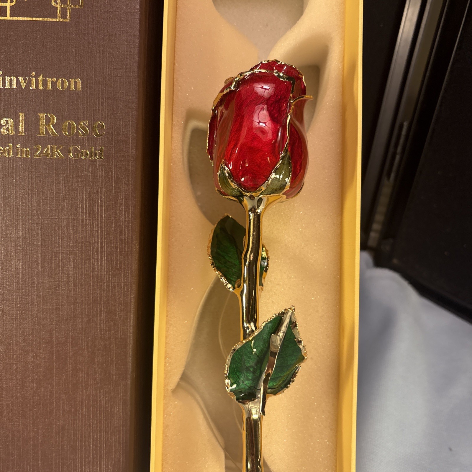 Sinvitron Gold Dipped Rose 24K Real Rose Long Stem Gold Plated Rose w/ Stand