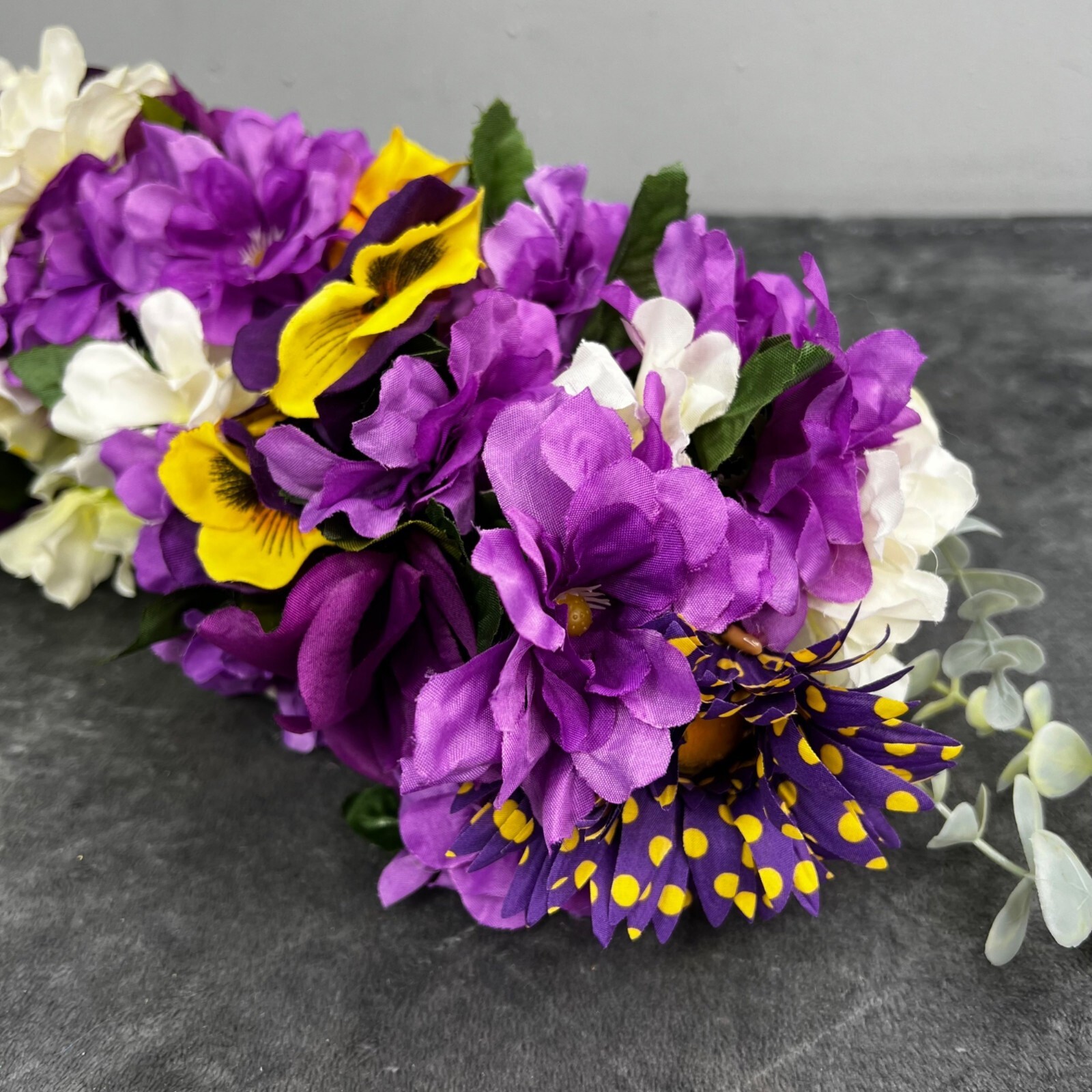 Floral Swag Purple Yellow White Green Faux Flowers Arch Curved Wood Sign Wedding