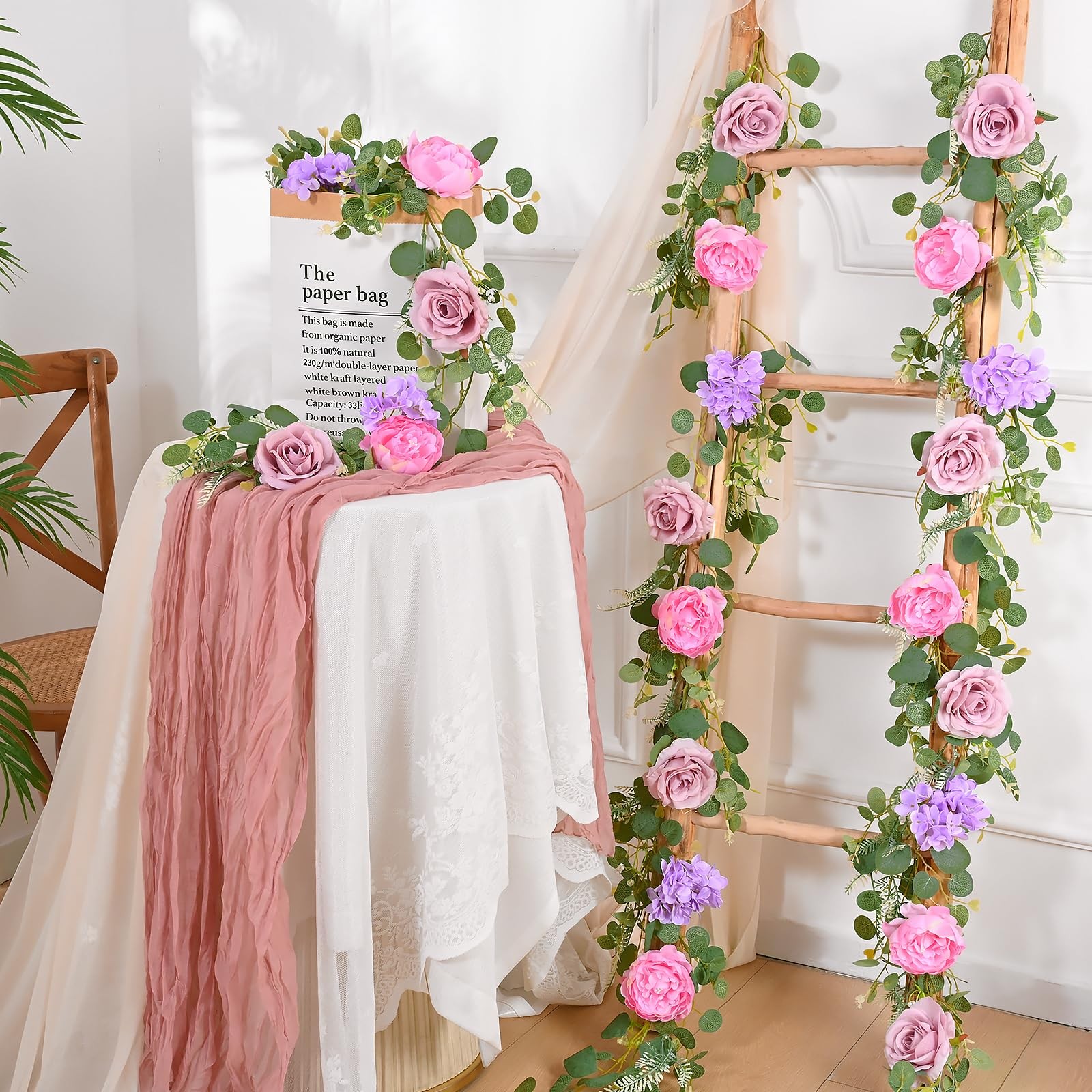Livole 6 FT Artificial Flower Garland Real Touch Fake Pink Floral Rose Peony …