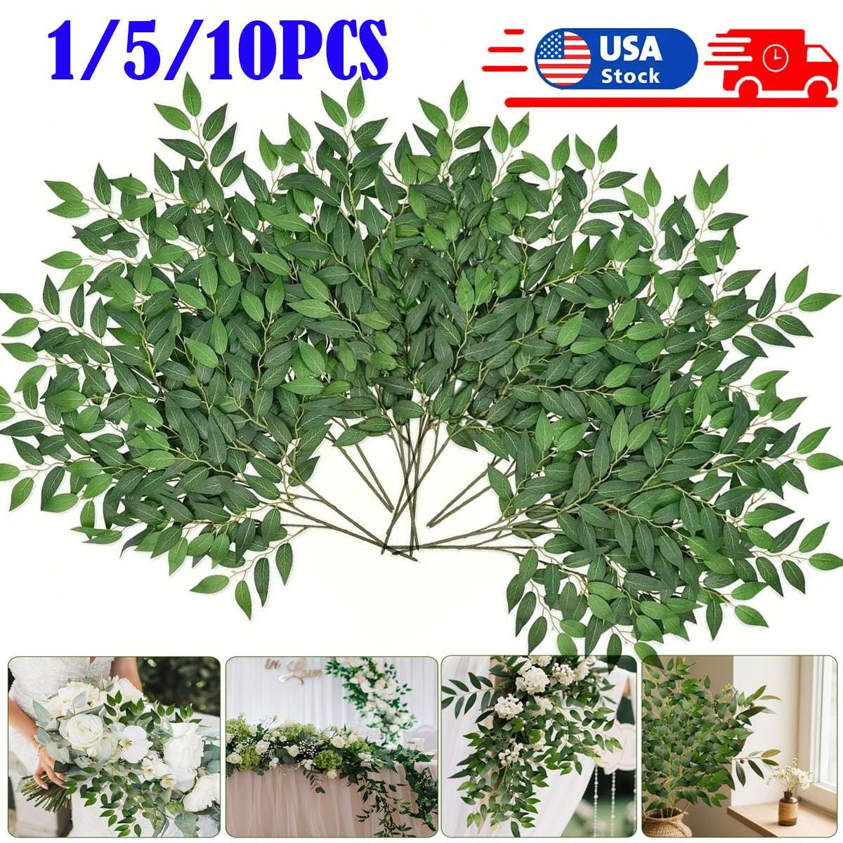 1/5/10Pack Artificial Italian Ruscus Greenery Stems Silk Green Leaves Bulk Fa…