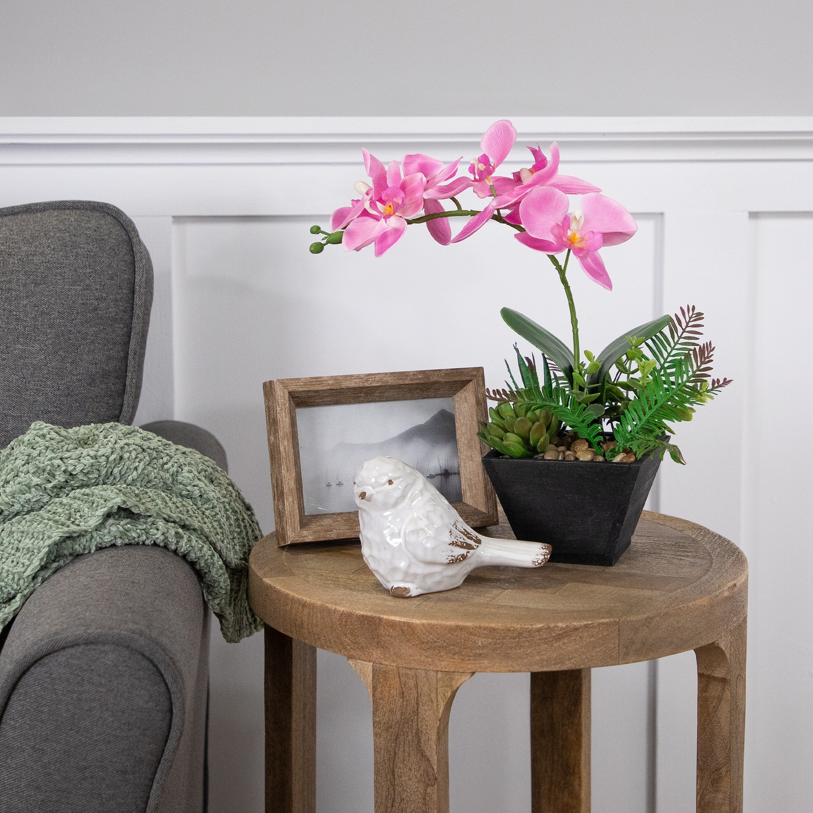 13″ Artificial White, Pink and Green Orchid Succulent Plants Square Black Pot
