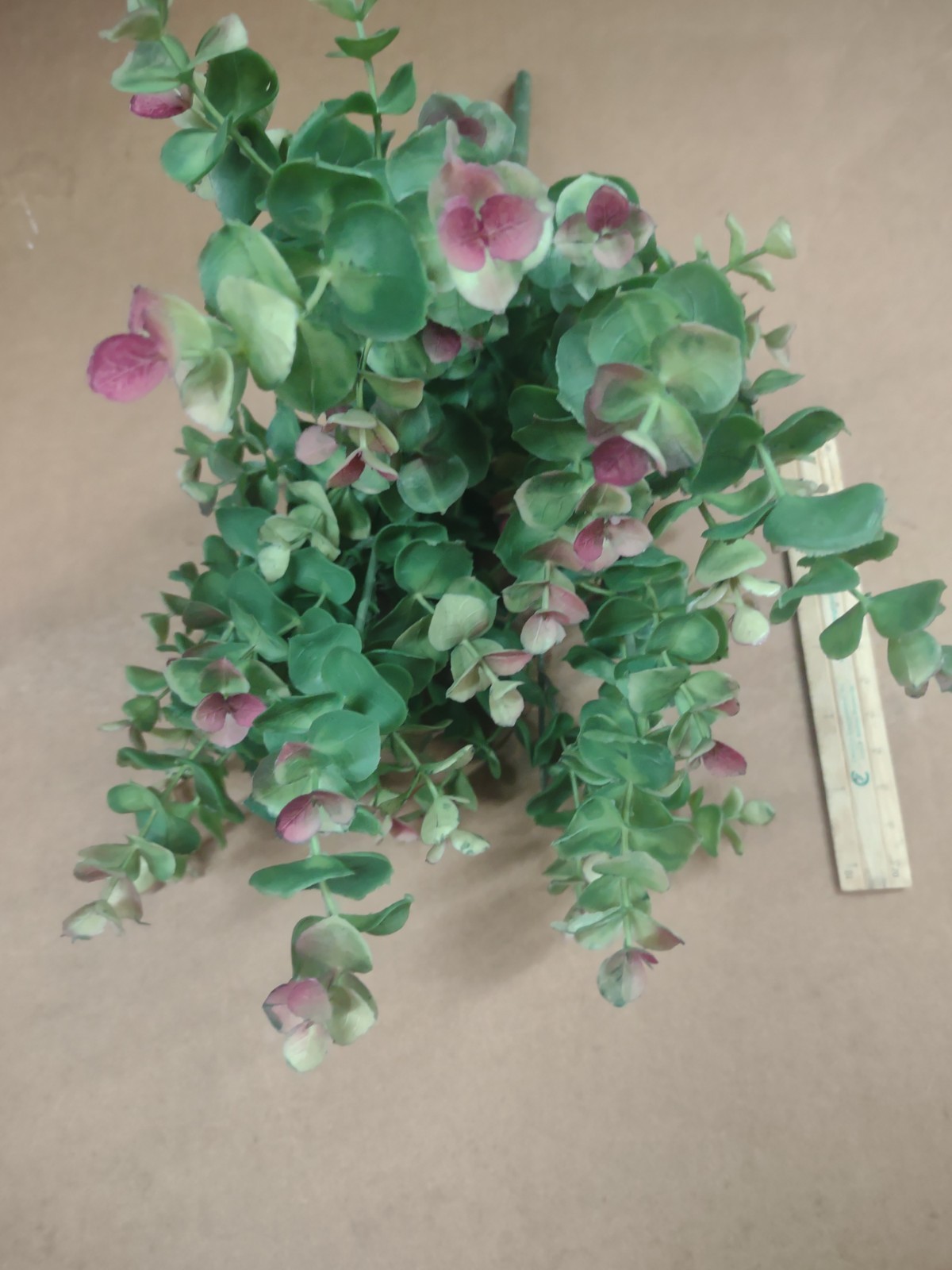 Plastic Spiral Eucalyptus Bush, 13″ Green w Pink Tips, 7 Wired Branches Baby Euc