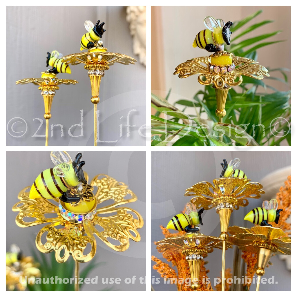 Glass Honey/Bumble Bee Gold Flower Decor Plant Stake/Spike Exquisite US HANDMADE