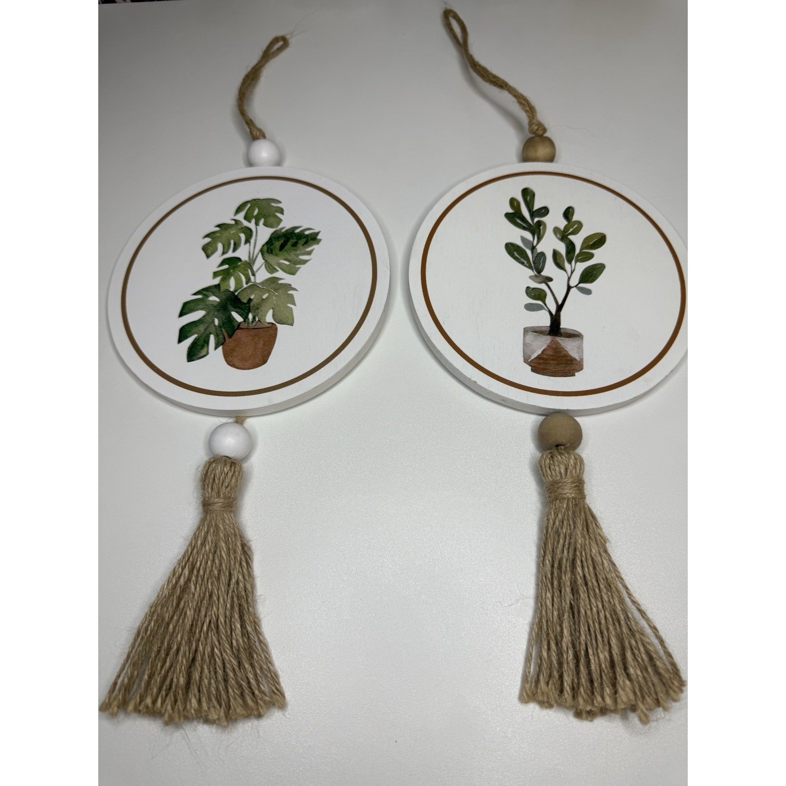 Set of 2 Wooden Plant Wall Hanging Decor Round Signs Tassel Boho Farmhouse