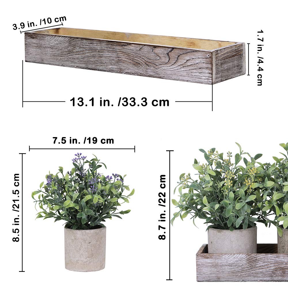 Mini Artificial Potted Plants Seeded Boxwood Greenery Wood Planter 3 Set
