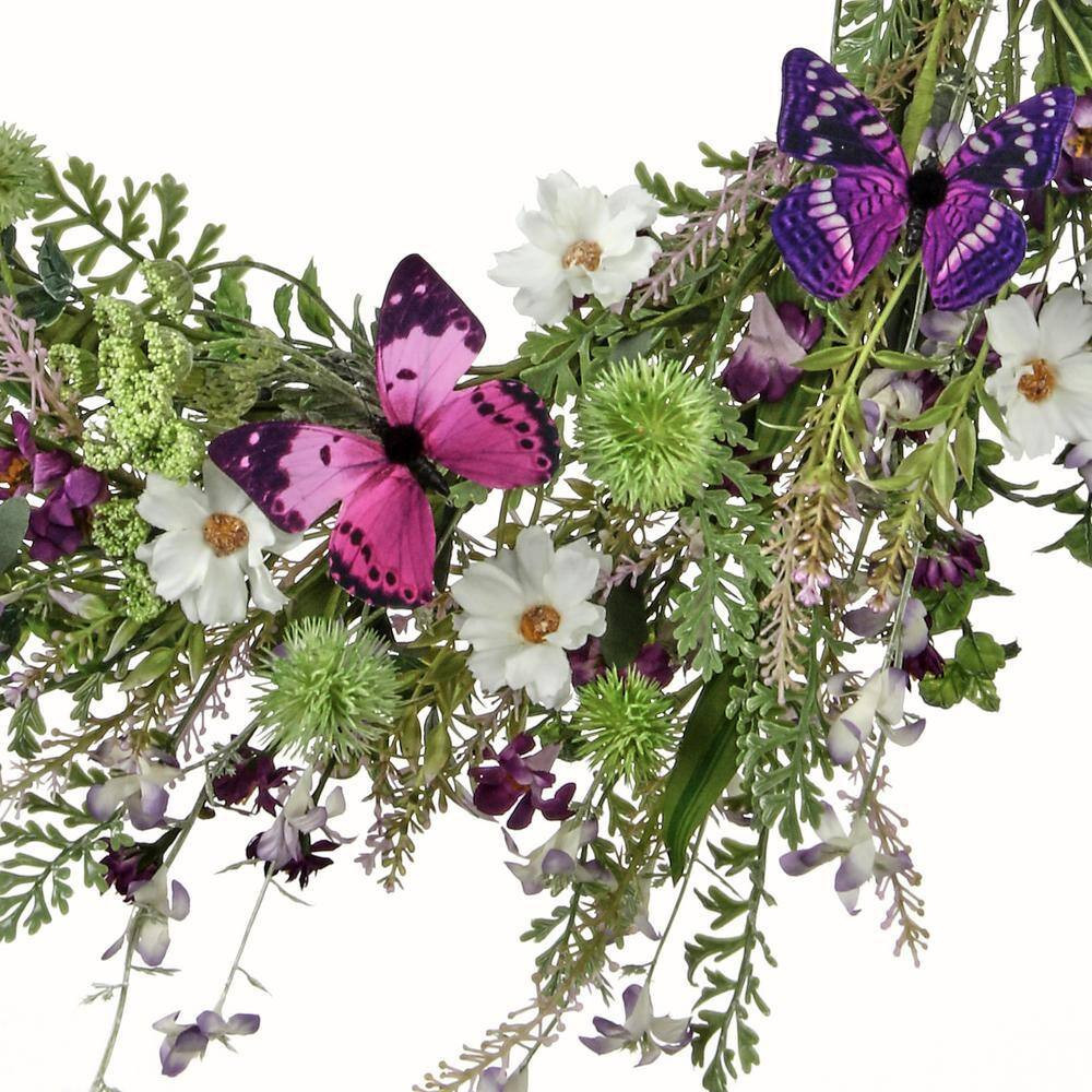 24 In. Purple, White Artificial Wildflower with Butterfly Wreath