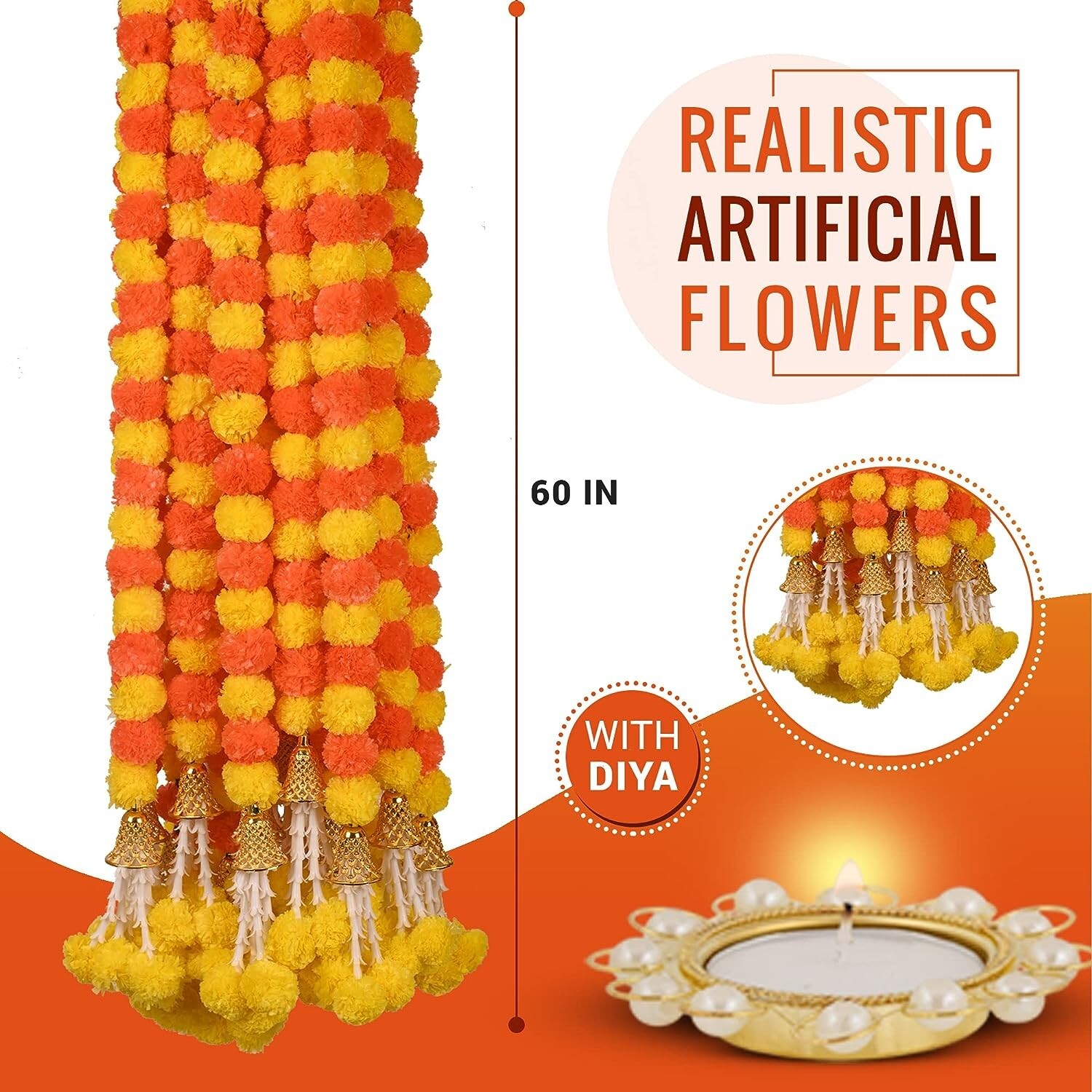 Artificial Marigold Flowers for Decoration Garland with Bell for Diwali & Festiv
