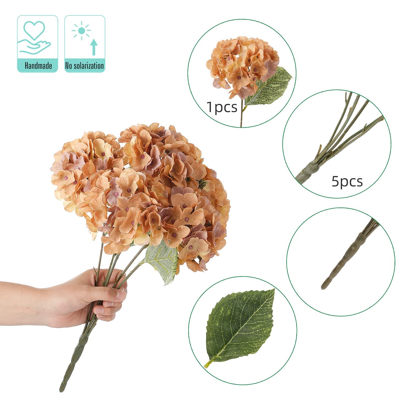 2 Bouquets Faux Hydrangeas Flowers with Stems Leaves,Brown