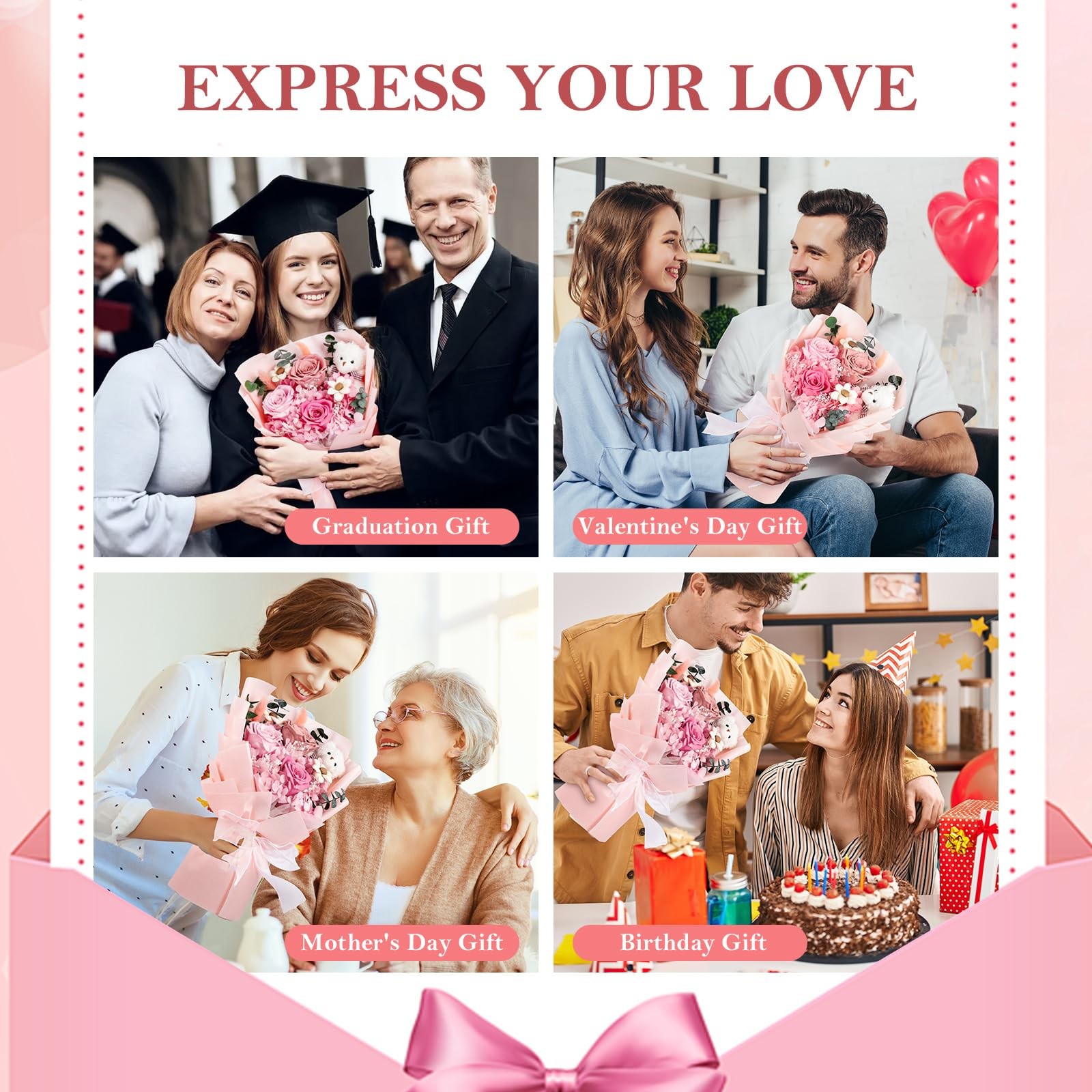 Preserved Flowers Bouquet Bear Forever Eternal Roses Gift Box Birthday Women