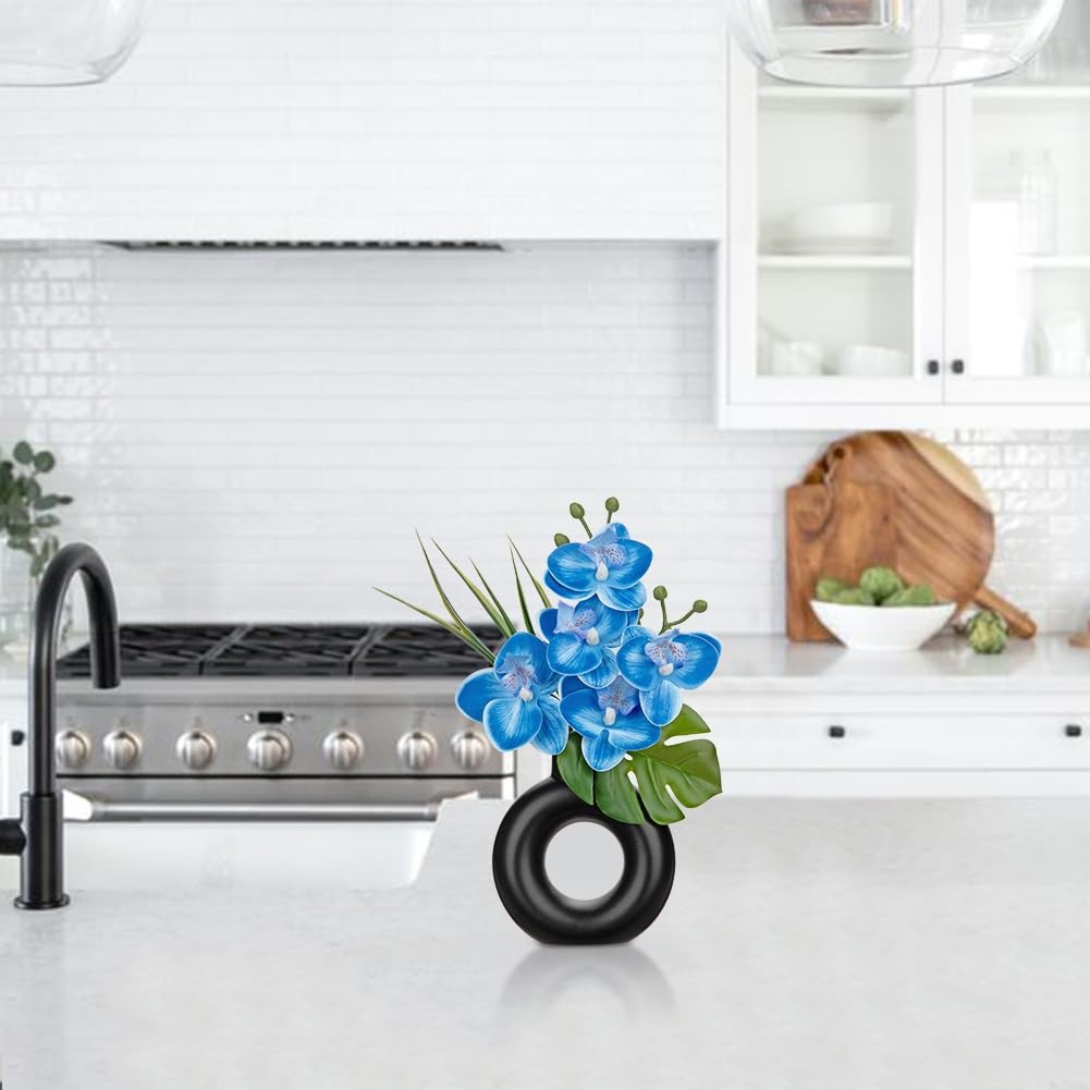 2PCS Blue Artificial Orchid, Black Ceramic Pot, Silk Flower, Table Decor