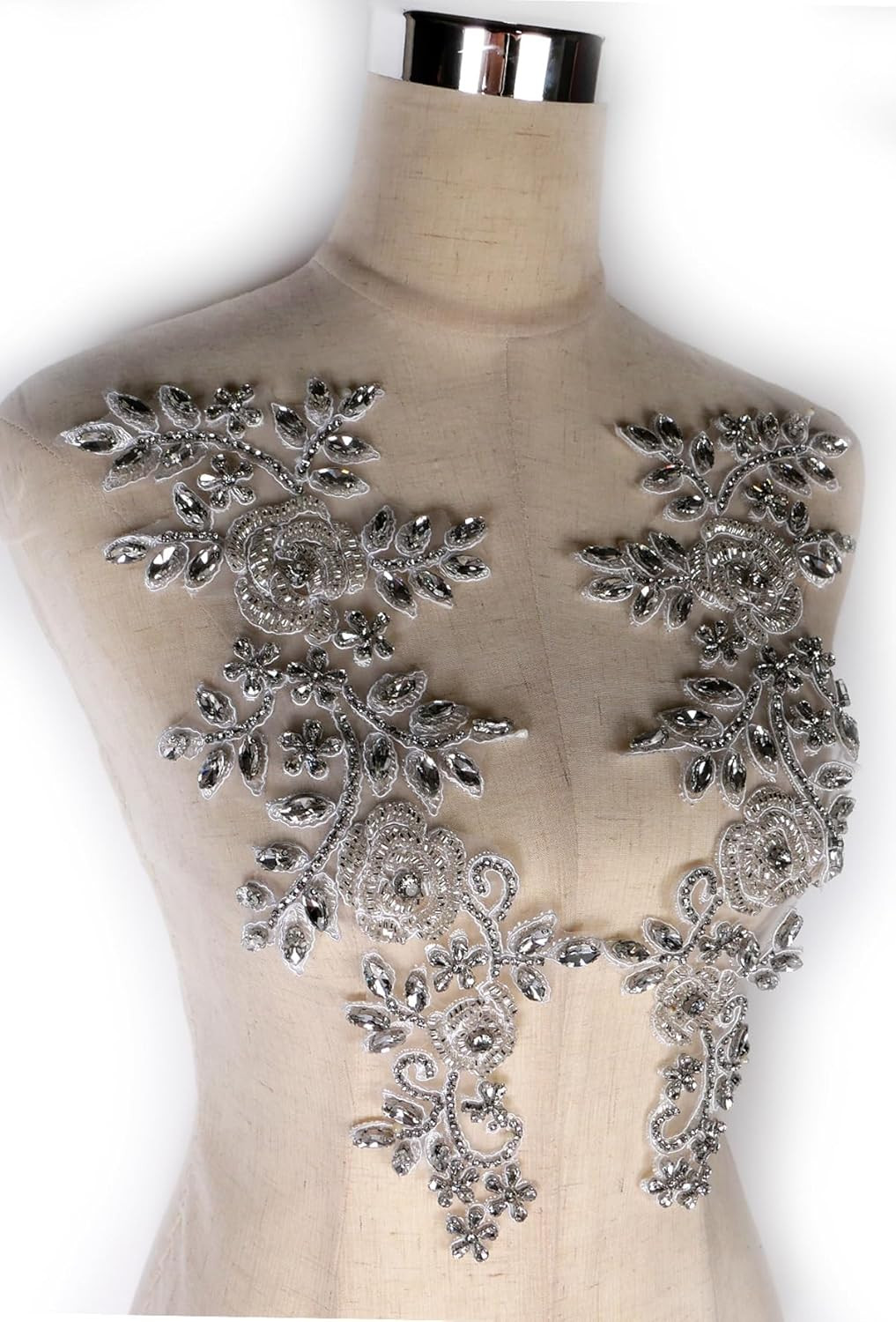 Beaded Rose Flowers &Leaves Rhinestone Pair Applique in Silver for Prom Dress Be
