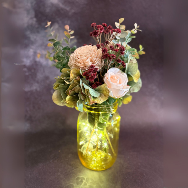 Sola Wood Floral Farmhouse Arrangement Yellow Mason Jar LED Lights Home Decor