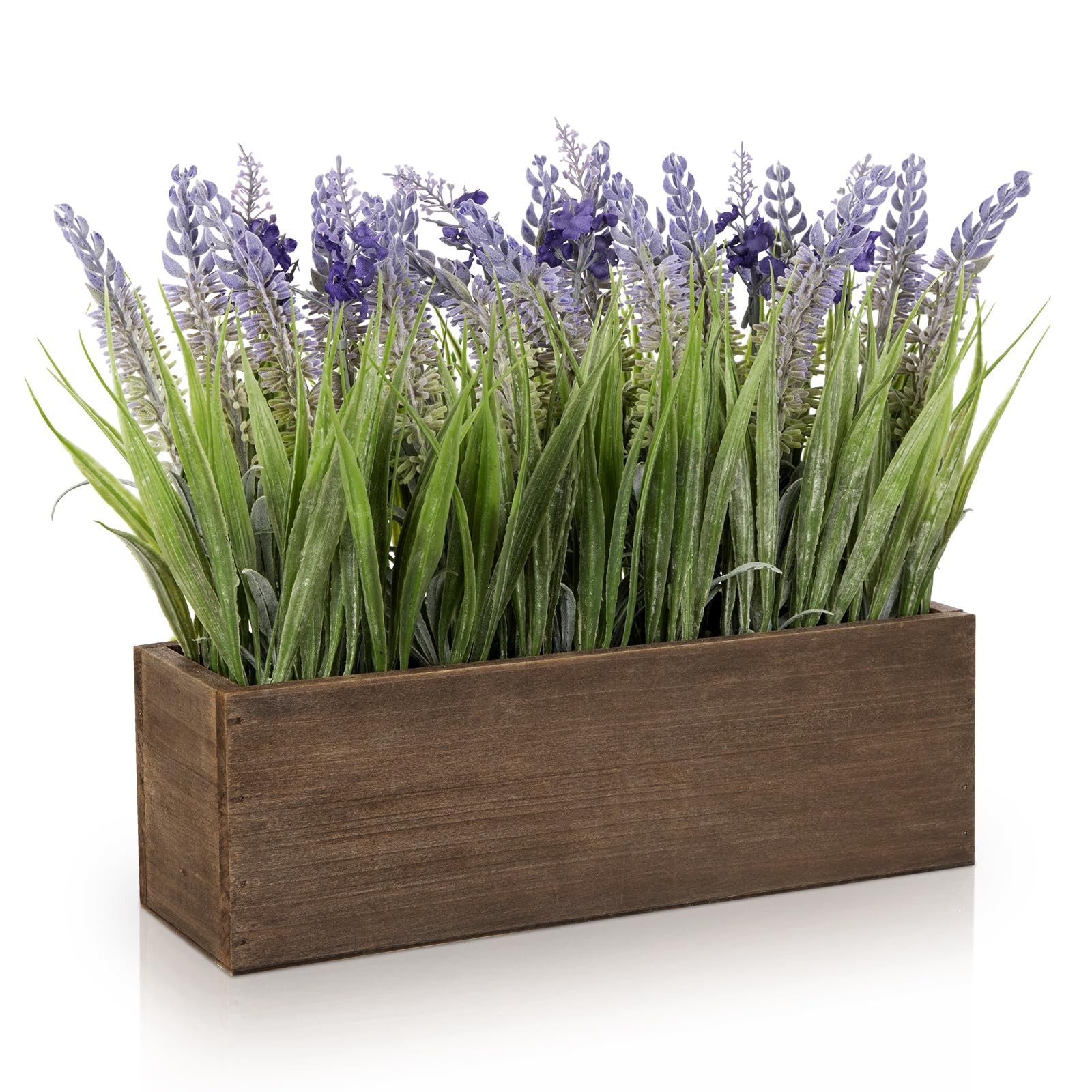Artificial Lavender Flowers Arrangement 10.6″ in Wood Planter Box – Faux Plant