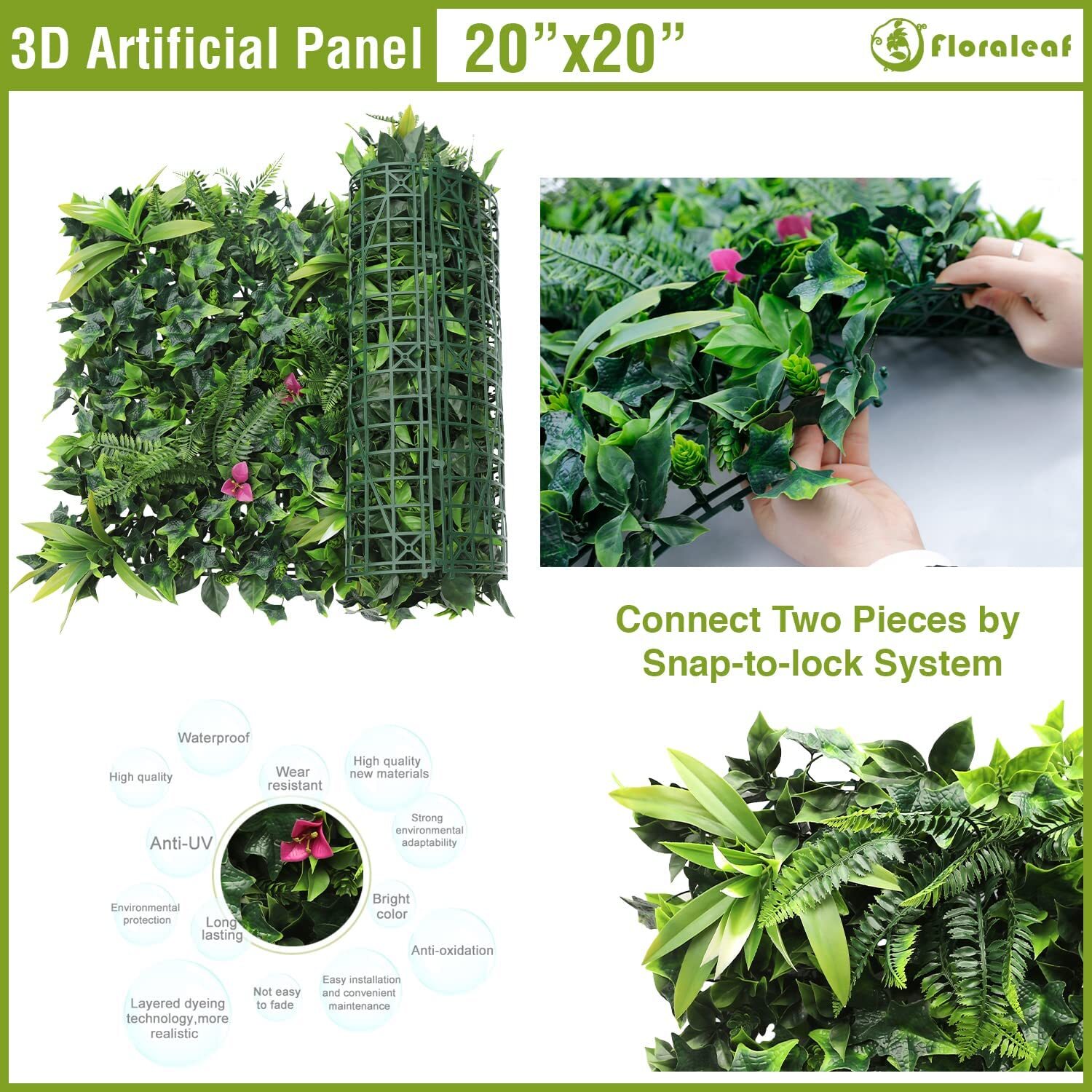 20″x20″ Artificial Faux #7 3D Mixed Panel Leaf Privacy Fence Screen Decor Hedge