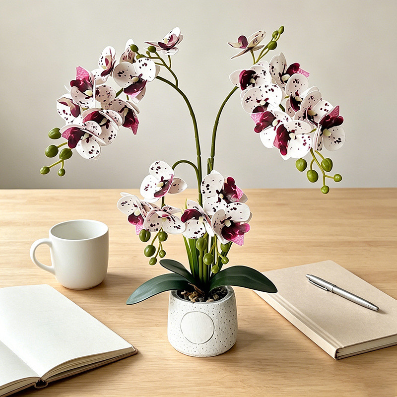 24-Head Artificial Orchid with Delicate Buds and Leaves in Speckled Pot