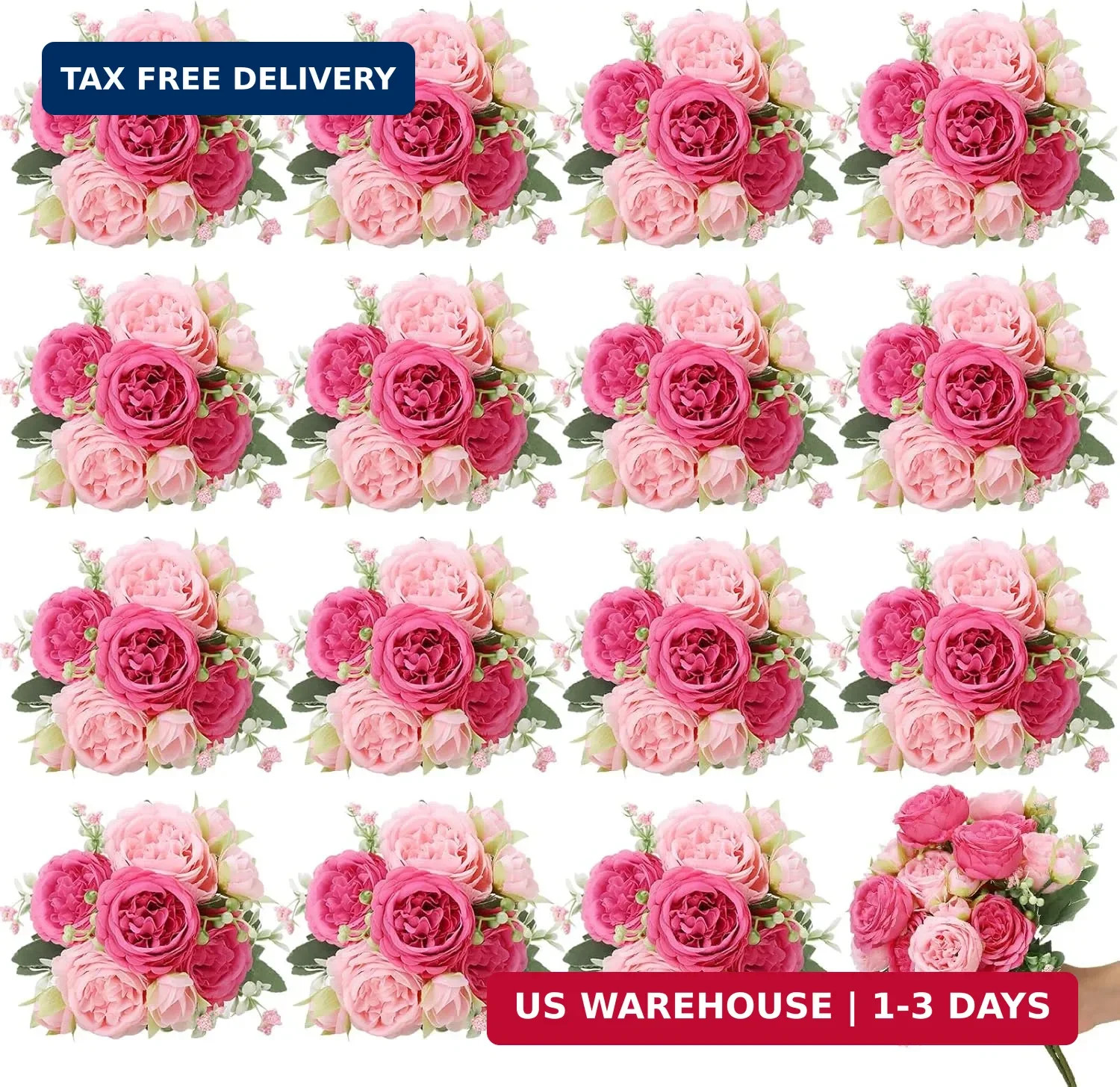 16 Pack Pink,Hot Pink Peonies Artificial Flowers,Fake Silk Hydrangea Bouquet for