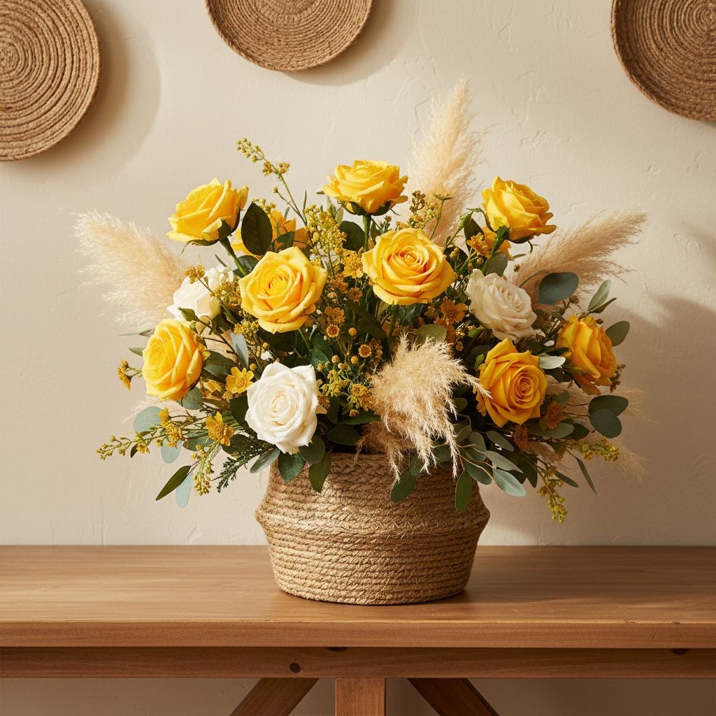 Set of 6 Artificial Yellow Rose Stems 20 Inch Faux Roses Farmhouse Decor Cottage