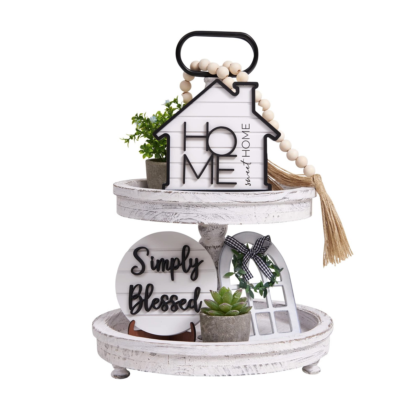 Rustic Farmhouse Tiered Tray Set with Succulent & Plant – Home Decor for Kitc…