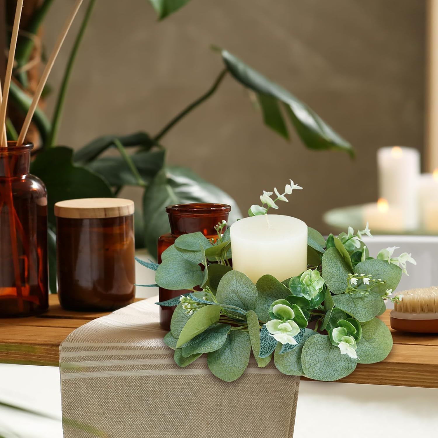 Artificial Eucalyptus Candle Rings – Set of 4 Greenery Wreaths for Holders