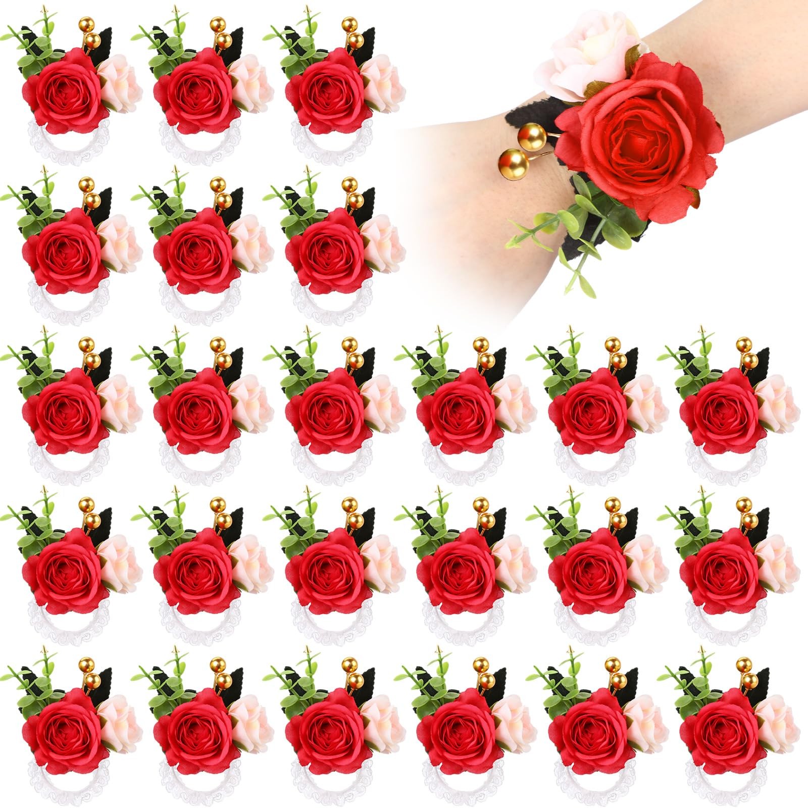 24 Pcs Wedding Rose Wrist Corsage Wristlet Band for Bridal Bridesmaid Flowers…