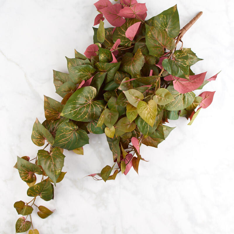 Factory Direct Craft Cascading Red and Green Poly Silk Potato Leaf Bush