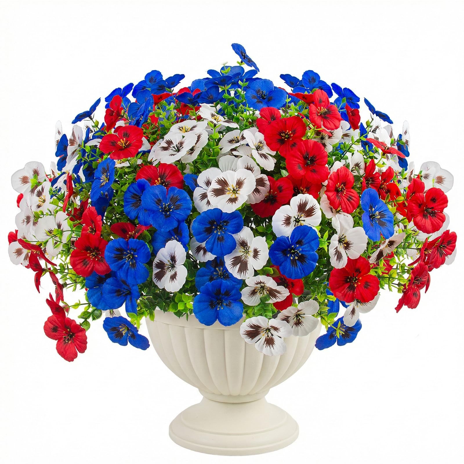 18 Pcs UV Resistant Faux Silk Pansy Flowers – Patriotic Outdoor Decor for Plante