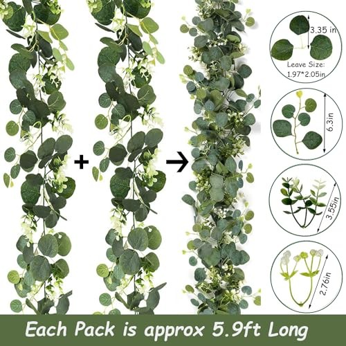 2 Pack Artificial Eucalyptus Garland 5.9FT Spring Greenery Garland Summer Fall