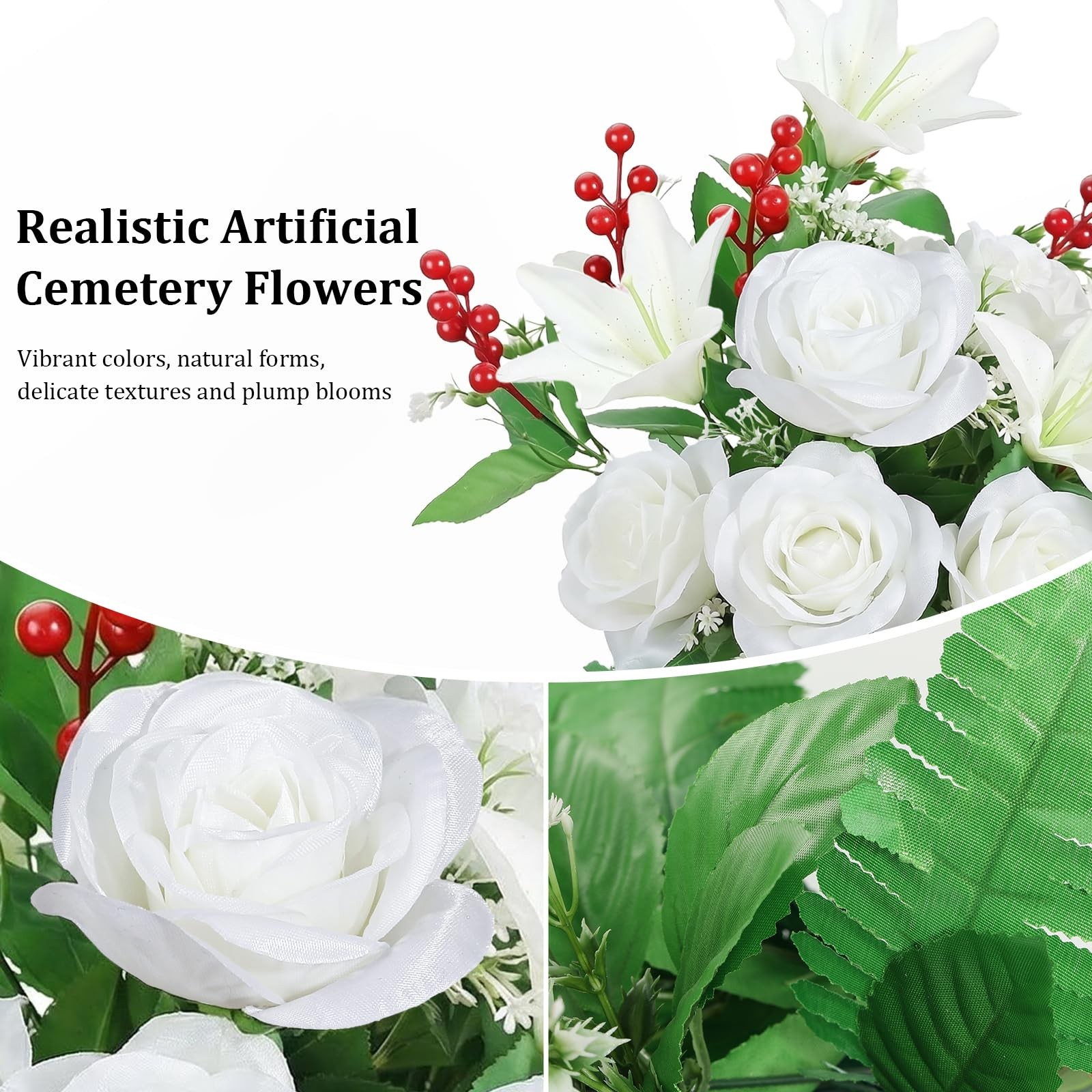Artificial Cemetery Flowers with Vase, 2 Sets Outdoor Grave Decorations UV Re…