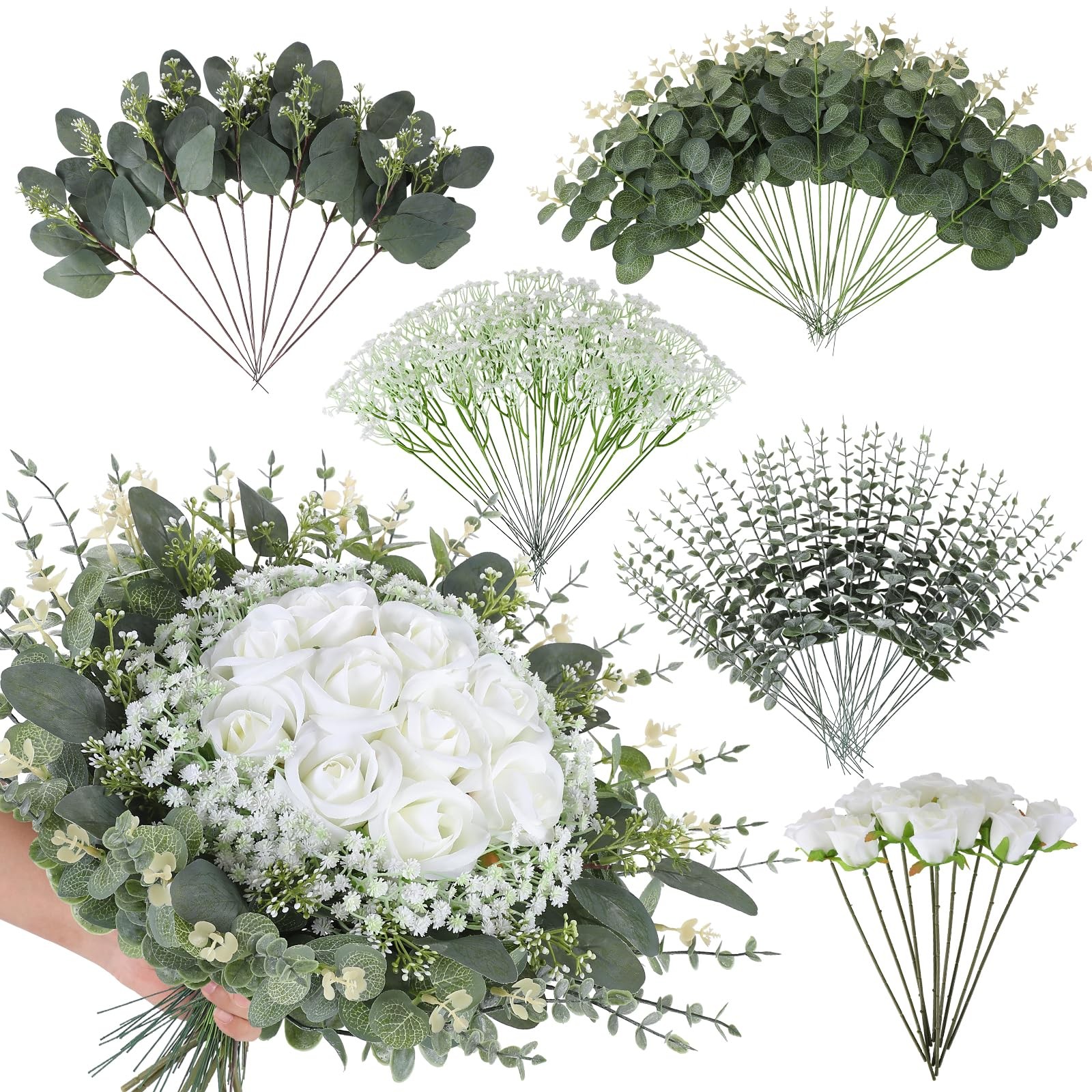 120 Pcs 5 Kinds Mixed Artificial Eucalyptus Leaves Stems,Bulk Fake Silver Dol…