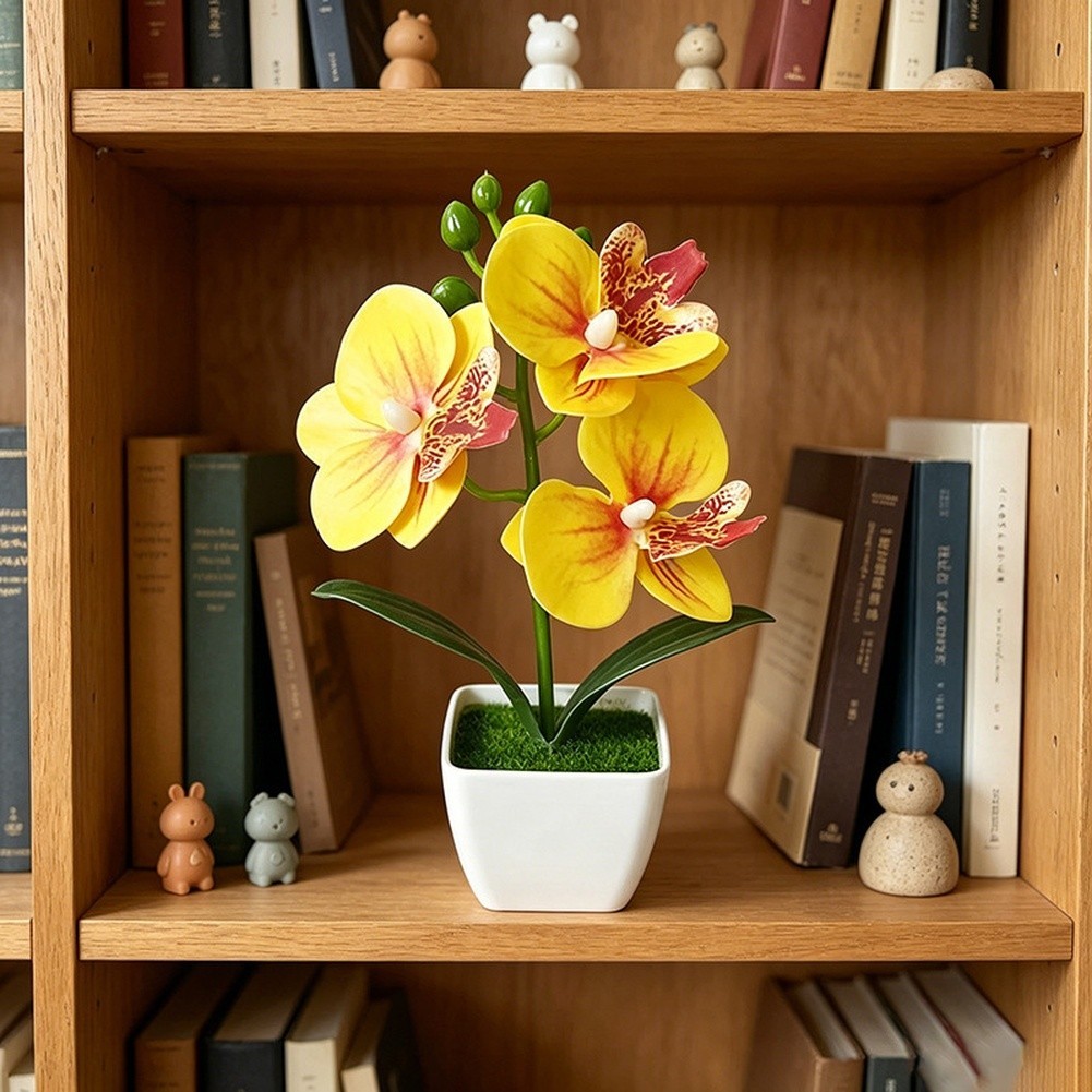 Artificial Orchid Arrangement 3 Bloom 7.09in with Square Pot for Living Room