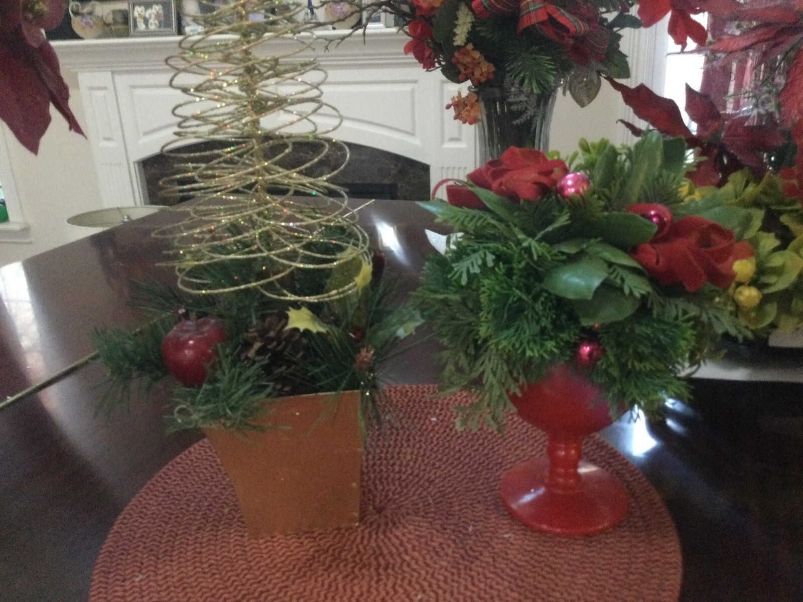 2 HOLIDAY ARTIFICIAL arrangements one in vintage red glass one small wire tree