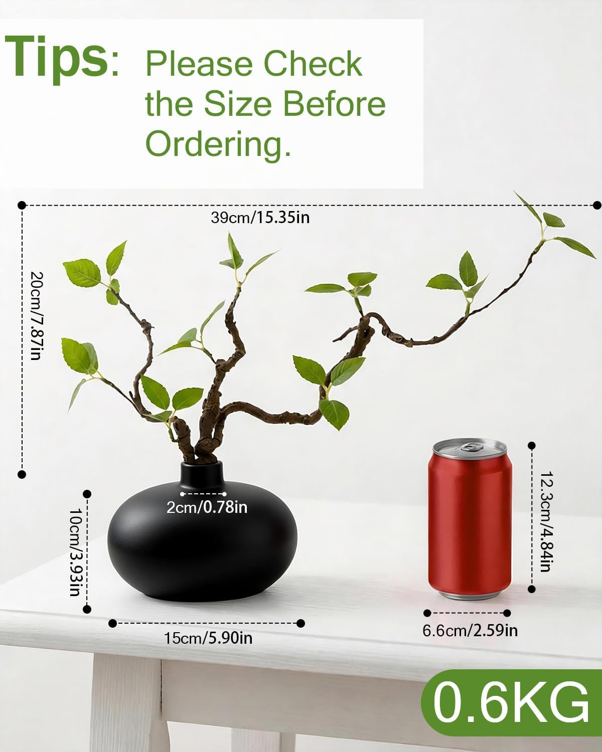 Vase with Greenery, 1 Pc Artificial Stem with Black Vase, 20″ Decorative Fake Pl