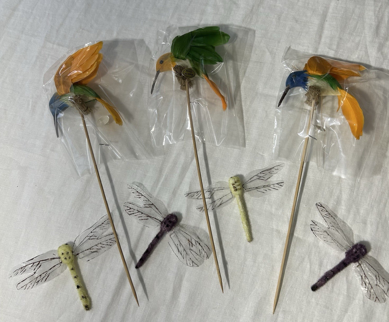 Artificial Hummingbird Picks Set Of 3 w/ 4 Artificial Dragonflies