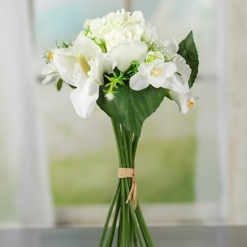 Lot of 2 White Artificial Rose, Hydrangea, and Orchid 11-1/2″ Floral Bouquets