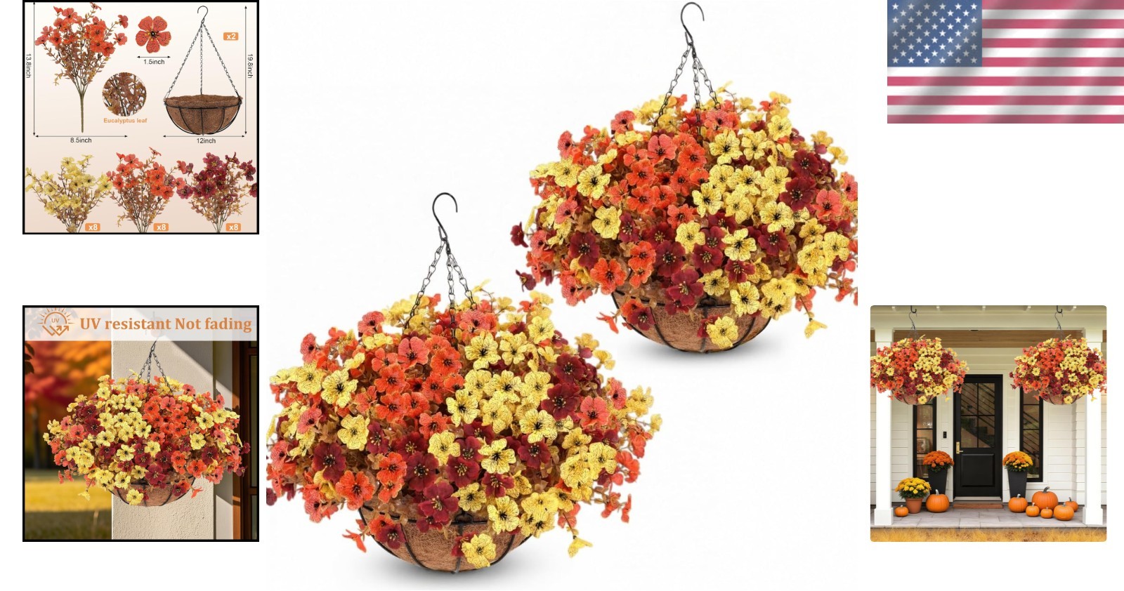 Mixed Color 2-Pack Artificial Hanging Baskets – Vibrant Fall Mums for Outdoors